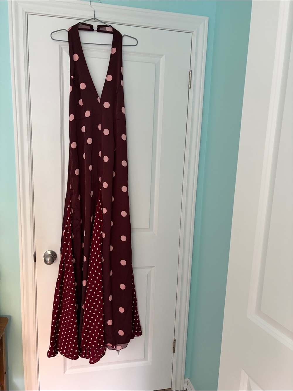PrettyLittleThing Burgundy Maxi Dress with Pink Polka Dots